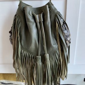 Cleobella Olive Green Leather Crossbody Bucket Bag